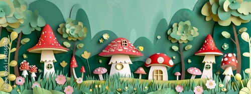 Wallpaper Mural Whimsical Minimalist Forest with Mushroom Fairy Houses in Colorful Paper Cut Style Torontodigital.ca