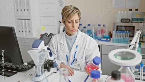 Hispanic woman scientist working diligently in a laboratory, surrounded by equipment and wearing a lab coat.