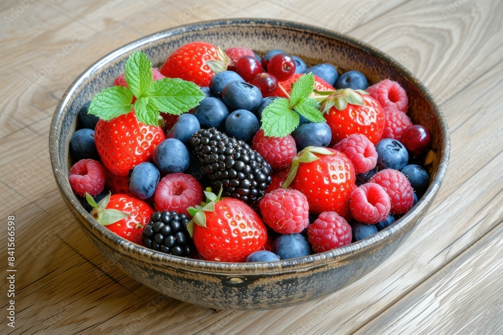 Assortment of ripe strawberries, blueberries, raspberries, and blackberries in a vintage bowl Assortment of ripe strawberries, blueberries, raspberries, and blackberries in a vintage bowl