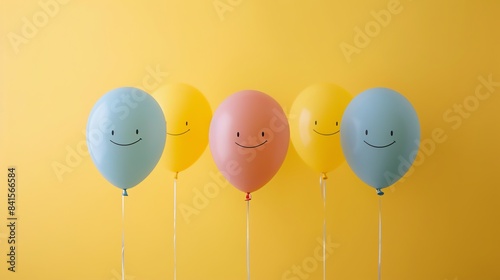 Five colorful balloons with smiley faces on a yellow background. The balloons are blue, pink, and yellow.