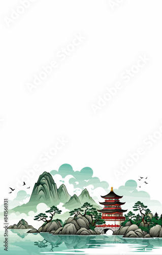 an oriental landscape with a pagoda in the middle of the water