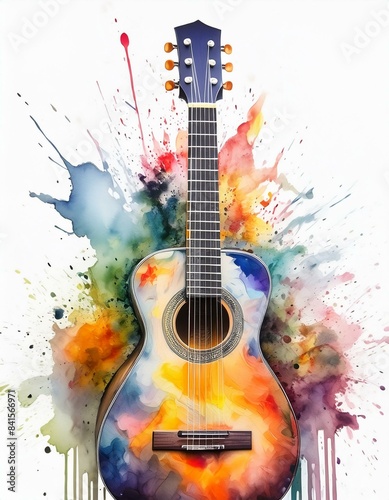 Watercolor Guitar Painting on a Pristine White Background