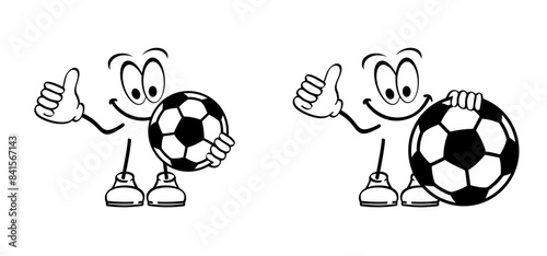 Comics, cartoon soccer ball mascot. Goal net. Soccer border on football grass field. Vector stadium, supporters. wk, ek sport finale, sports game. Street ball. Playground 2023, 2024, 2025.