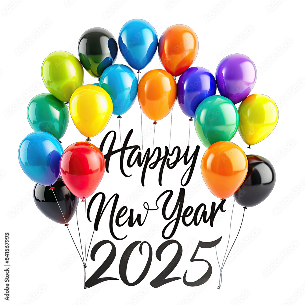 A festive image featuring colorful balloons arranged in a semi-circle, with a large Happy New Year 2025 inscription in black calligraphy, celebrating the arrival of the new year. Generative AI A festive image featuring colorful balloons arranged in a semi-circle, with a large Happy New Year 2025 inscription in black calligraphy, celebrating the arrival of the new year. Generative AI