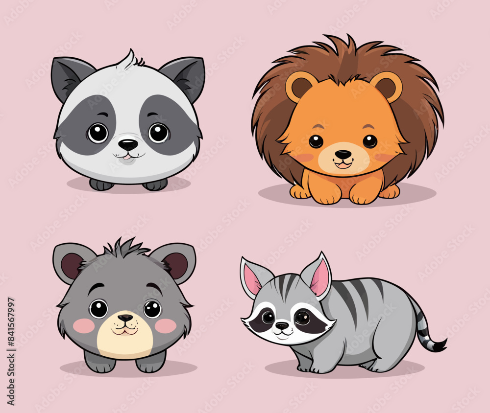 a set of four cartoon animals on a pink background a set of four cartoon animals on a pink background