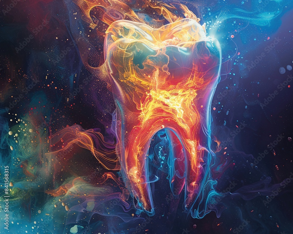 Abstract illustration of the concept of tooth pain, visual metaphors like ice and fire around an affected tooth, bold, expressive colors Abstract illustration of the concept of tooth pain, visual metaphors like ice and fire around an affected tooth, bold, expressive colors