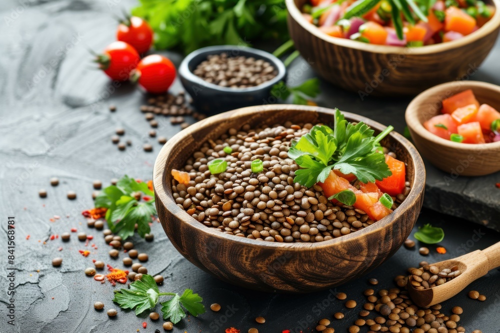 Fresh lentil salad with tomatoes, carrots, and parsley in a rustic wooden bowl on a slate background Fresh lentil salad with tomatoes, carrots, and parsley in a rustic wooden bowl on a slate background