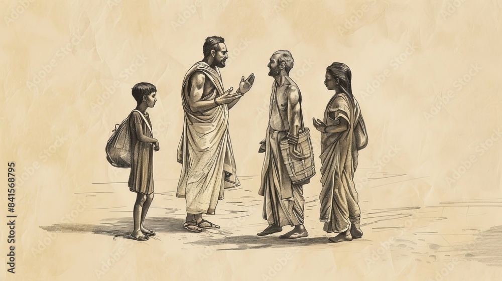 Biblical Illustration of Apostle Bartholomew Spreading Gospel in India Engaging with Locals on Beige Background with Copyspace for Religious Themes and Evangelism Biblical Illustration of Apostle Bartholomew Spreading Gospel in India Engaging with Locals on Beige Background with Copyspace for Religious Themes and Evangelism