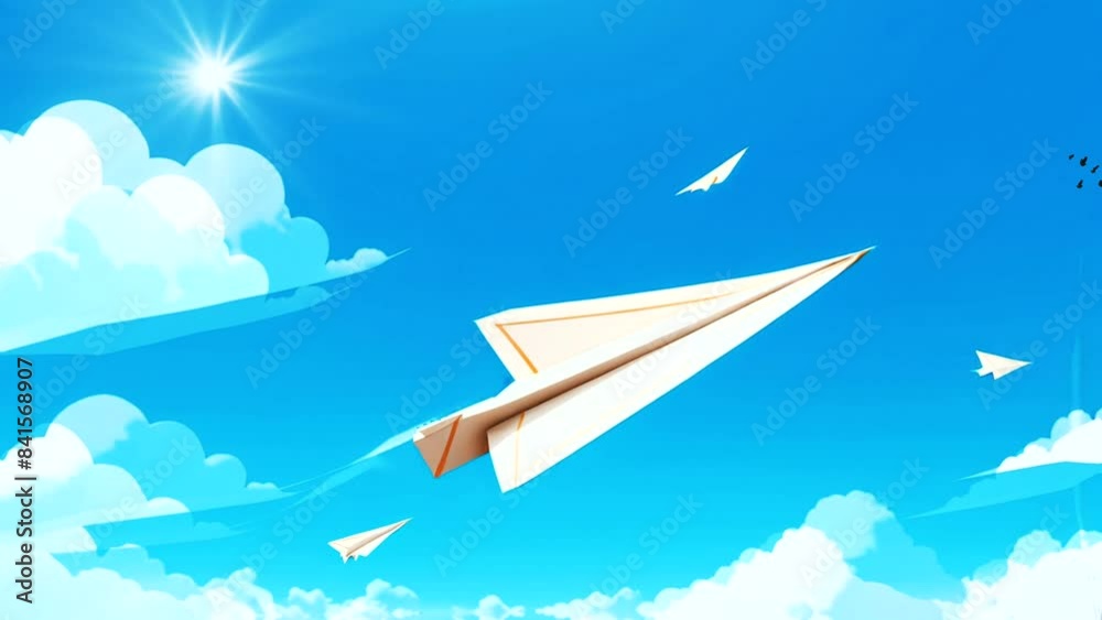 Paper airplane soaring through the endless blue sky, seamless looping time-lapse animation, high-quality 4K AI-generated video background