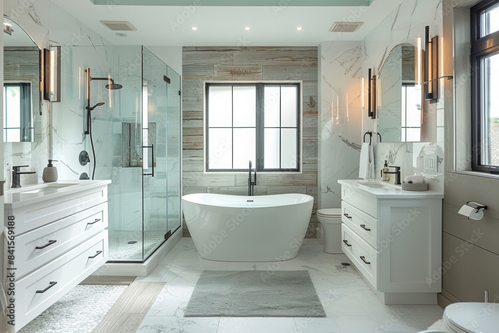A modern bathroom with a spa-like ambiance, featuring a freestanding bathtub, a glass-enclosed shower, and a vanity with dual sinks and elegant lighting A modern bathroom with a spa-like ambiance, featuring a freestanding bathtub, a glass-enclosed shower, and a vanity with dual sinks and elegant lighting