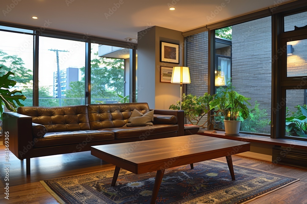 Obraz premium A cozy living room with a mid-century modern aesthetic, featuring a sleek walnut coffee table, a stylish leather sofa, and a large floor-to-ceiling window that floods the room with natural light