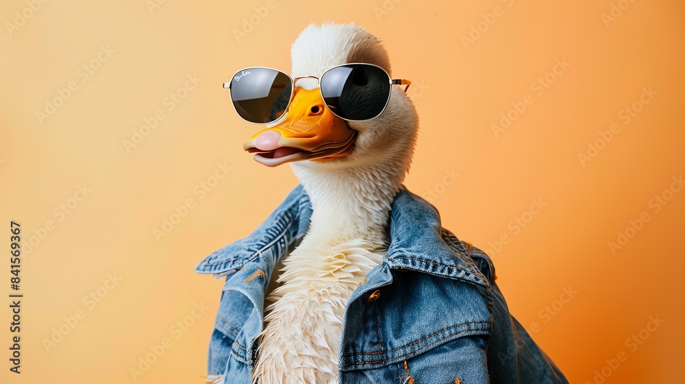 Naklejka premium A duck wearing sunglasses and a denim jacket is looking at the camera with a confident expression.
