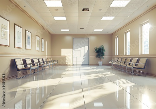 Modern Medical Clinic Waiting Room with Light Beige Walls  White Ceiling  and Natural Lighting. Sleek Chairs and Glossy Tile Floor Enhance the Professional and Minimalist Interior Design.