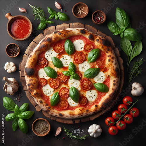  Classic Pizza Margherita with Fresh Basil on Wooden Cutting Board