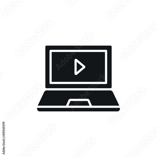 Watch videos on laptop simple glyph icon. Vector solid isolated black illustration.