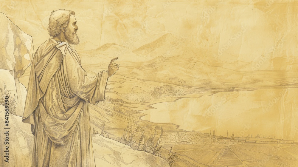 Naklejka premium Biblical Illustration of Apostle John on Island of Patmos, Receiving Visions of End Times on Beige Background with Copyspace