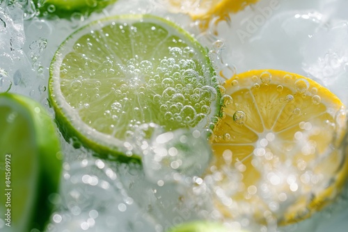 Sliced lemons and limes with ice cubes macro shot. Vacation and summer drink concept. Closeup view for poster, advertisement, packaging and banner with copy space. photo