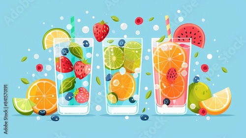 Flat design summer skincare tip with staying hydrated, drinking water, and refreshing summer beverage photo