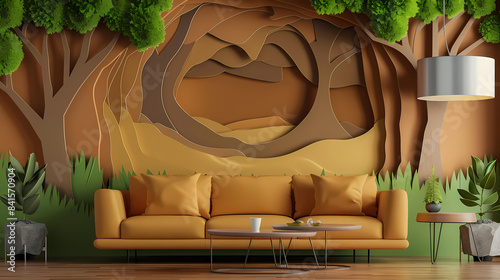 Living room interior. Comfortable sofa, window, chair and house plants. Paper cut style