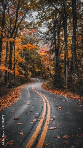 Winding road through autumn forest