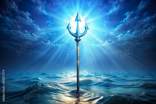 glowing blue trident on sea. Poseidon and Neptune god mythology symbol