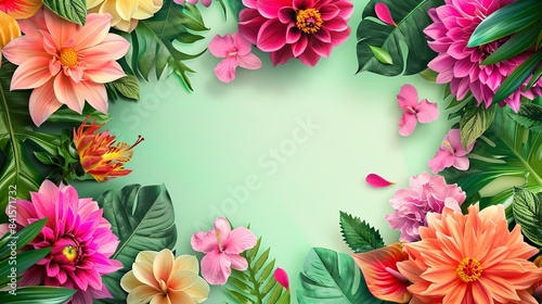 vibrant floral boarder frame background with an array of bright pink, orange and green flowers, including dahlia, orchid and hibiscus, arranged around the edges on a pastel green backdrop © Sattawat