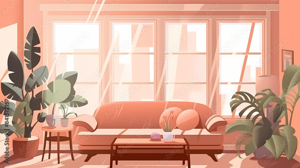 Obraz premium Living room interior. Comfortable sofa, window, chair and house plants. Paper cut style