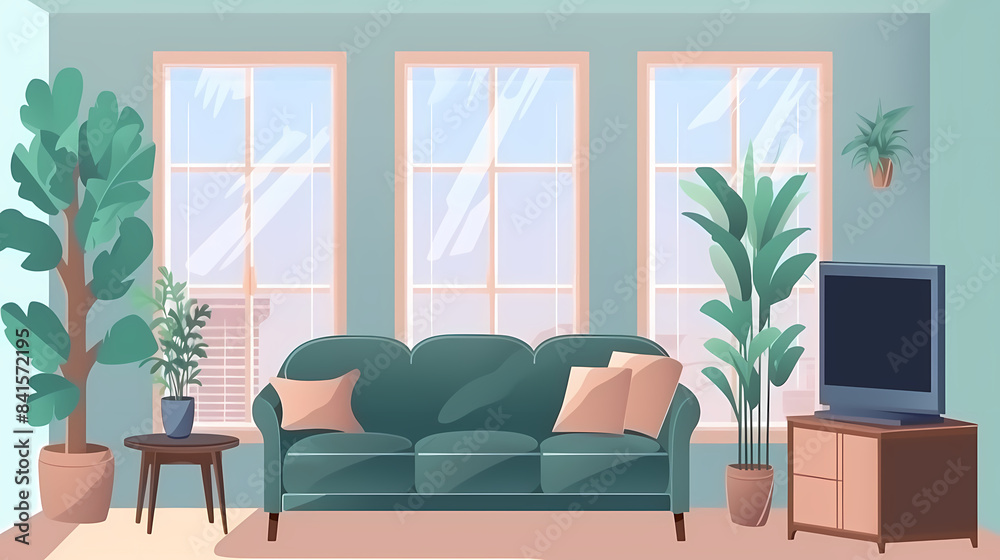 Living room interior. Comfortable sofa, window, chair and house plants. Paper cut style Living room interior. Comfortable sofa, window, chair and house plants. Paper cut style