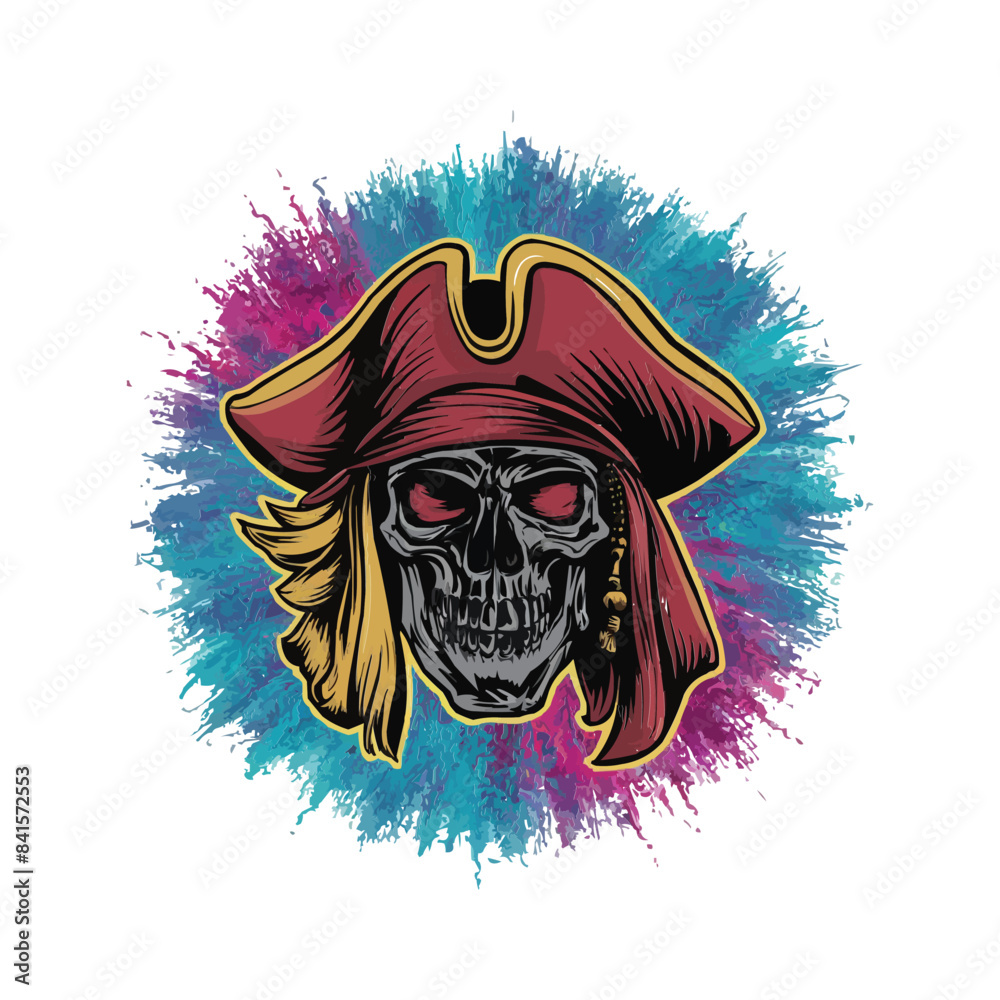 Fototapeta premium Frontal action shot of a colorful graffiti pirate skull with great detail vibrant colors and a white background
