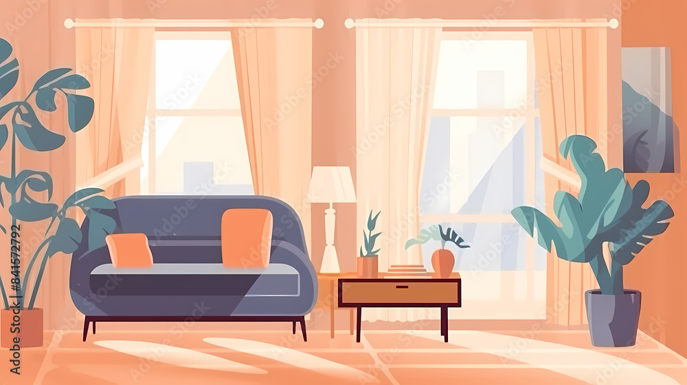 Living room interior. Comfortable sofa, window, chair and house plants. Paper cut style Living room interior. Comfortable sofa, window, chair and house plants. Paper cut style