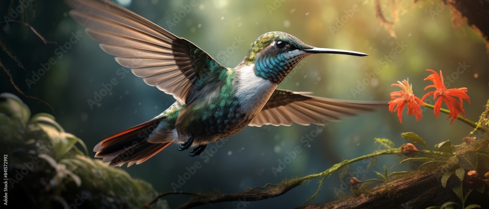 Obraz premium A beautiful hummingbird in mid-flight near red flowers in a lush, green forest, showcasing nature's elegance.
