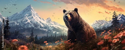 Majestic bear in a sunrise mountain landscape with wildflowers, showcasing nature's beauty and wilderness in a picturesque setting. #841573781