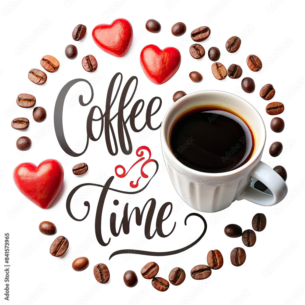 Obraz premium A stylized illustration of a coffee cup, hearts, and coffee beans on a transparent background. Generative AI