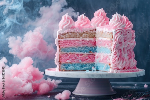 Pastel Cotton Candy Themed Gender Reveal Cake with Pink and Blue Layers photo