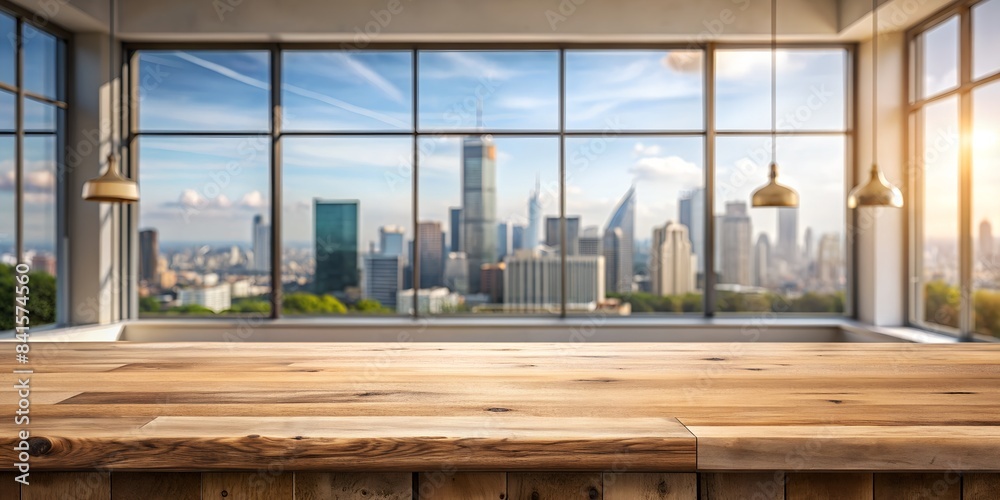 wood table top with panoramic city view background wood table top with panoramic city view background