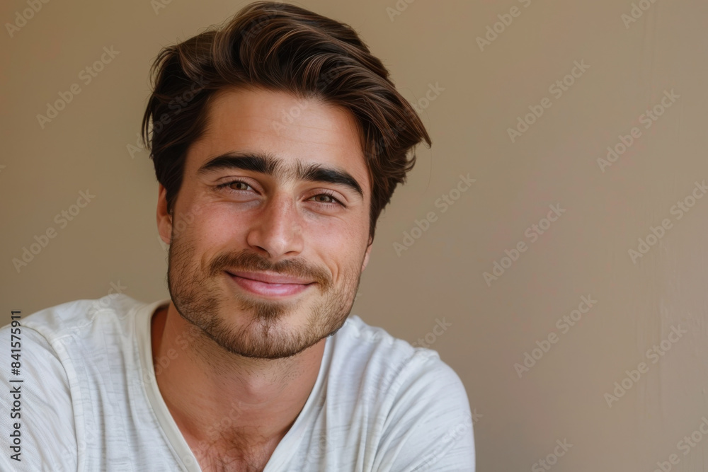 A close up portrait of a young man with a subtle smile A close up portrait of a young man with a subtle smile