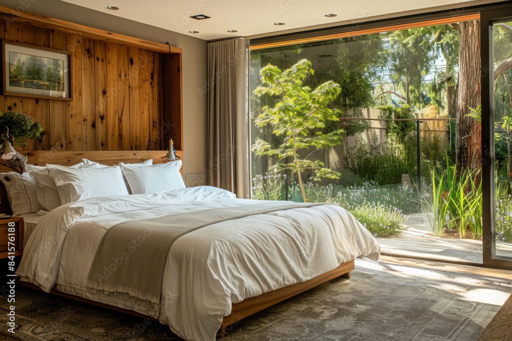 A luxurious bedroom with a Scandinavian theme, including a plush king-size bed with crisp white linens, a wooden headboard, and a large window with a view of a serene garden A luxurious bedroom with a Scandinavian theme, including a plush king-size bed with crisp white linens, a wooden headboard, and a large window with a view of a serene garden