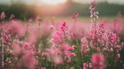 A close up of a field of pink flowers with a blurry background