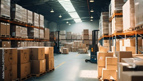 Logistics, industry and shelf with inventory in warehouse for wholesale, distribution and production. Dropshipping, cardboard box and factory for cargo for supply chain, manufacturing and storage