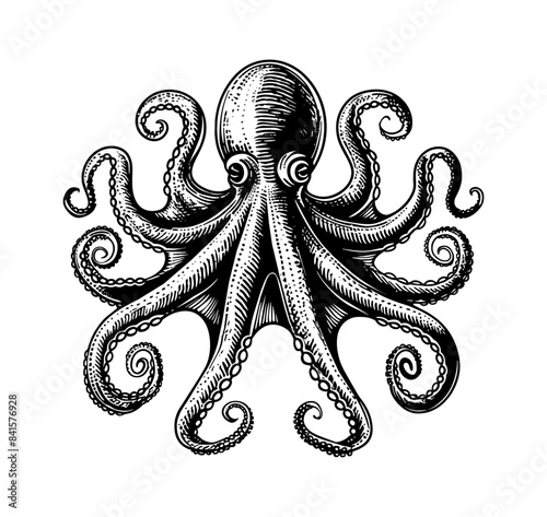 octopus engraving black and white outline
