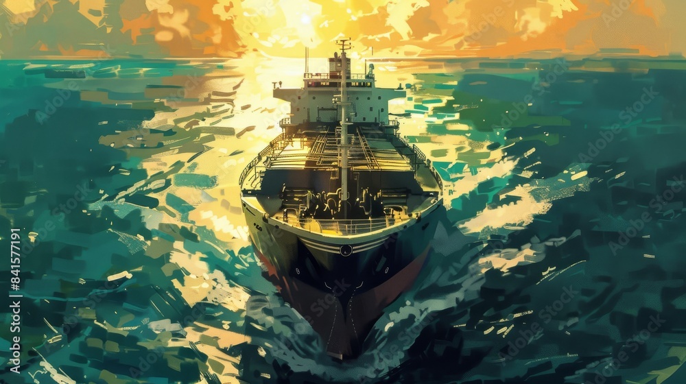 A large ship is sailing in the ocean with the sun setting in the background A large ship is sailing in the ocean with the sun setting in the background