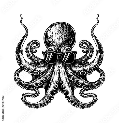 octopus sunglasses engraving black and white outline
