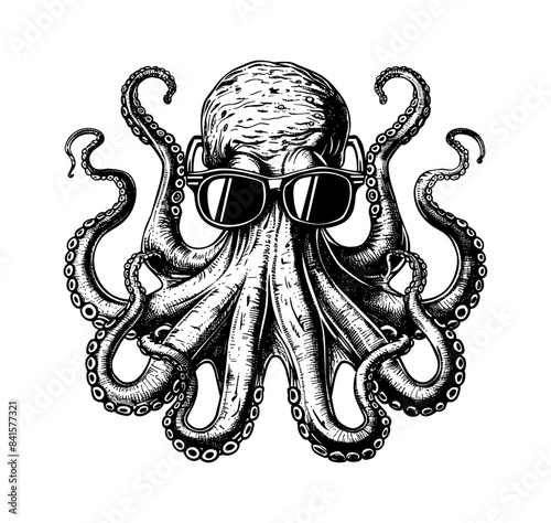 octopus sunglasses engraving black and white outline
