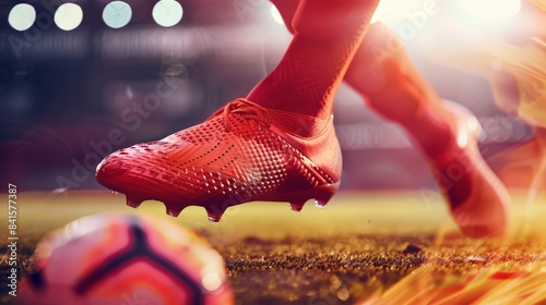 Design a close-up of a football boot striking a ball, highlighting the equipment and precision required in the game. photo