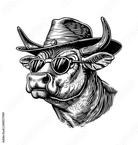 bull cowboy sunglasses hat engraving black and white outline