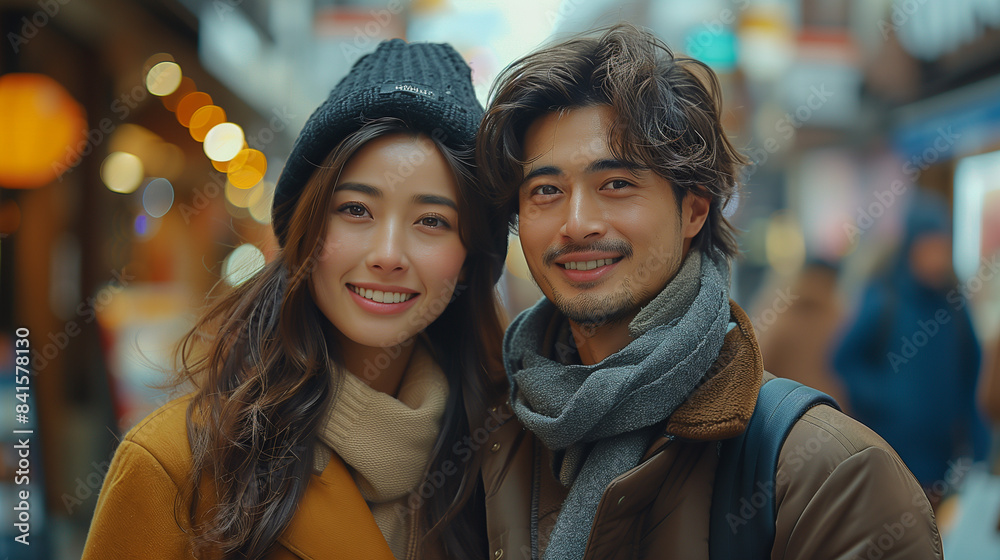 Asian couple in winter on the street of city. Fashion shot. Holidays, smiling, shopping, autumn, hat, model, jacket Asian couple in winter on the street of city. Fashion shot. Holidays, smiling, shopping, autumn, hat, model, jacket