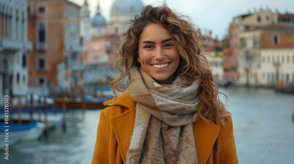 Fototapeta premium Woman Portrait. Happiness and smiling. Standing on street of the city (Venice, Italy). Autumn clothing 