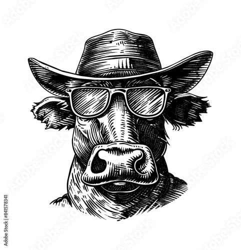 bull cowboy sunglasses hat engraving black and white outline