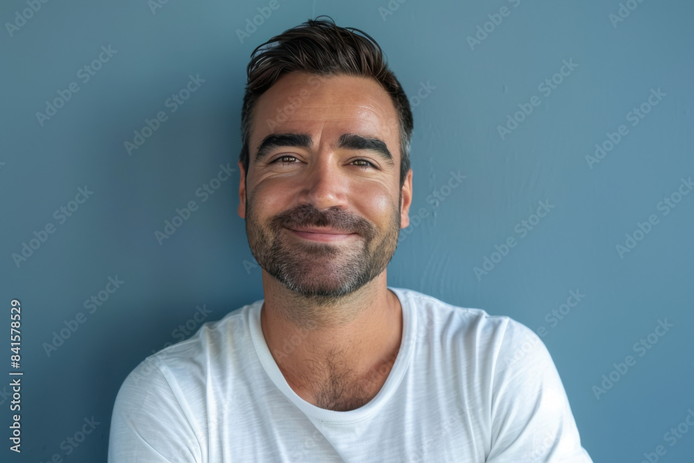 A close up portrait of a young man with a subtle smile A close up portrait of a young man with a subtle smile