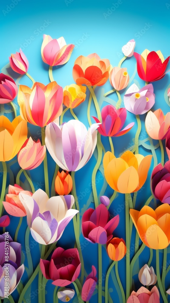 Brief .Vibrant 3D paper cutout flowers in various colors against a blue background. Brief .Vibrant 3D paper cutout flowers in various colors against a blue background.